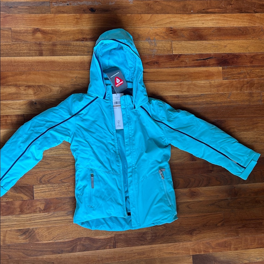 Spyder Kids Conquer Age 12 ski jacket with Hood in bahama blue with black trim